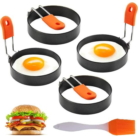 Moldes para huevos de acero inoxidable JSSEVN-4, antiadherentes, para sartén, con mango de silicona plegable y brocha para aceite. (1/5)