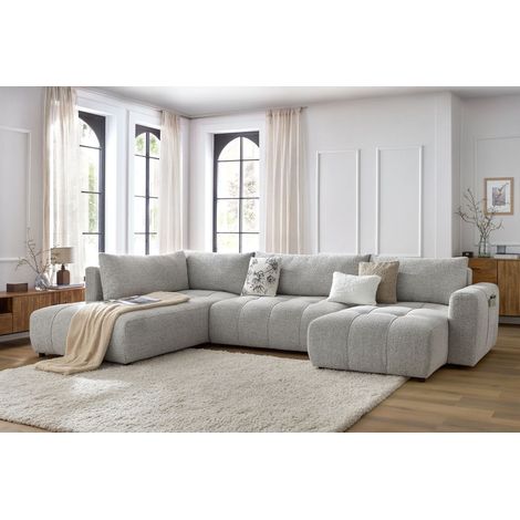 Bobochic – Canapé panoramique convertible coffre ARSENE angle droit 5 places – Tissu chiné – Structure bois – Confort équilibré – Dimensions 370x200cm (1/5)
