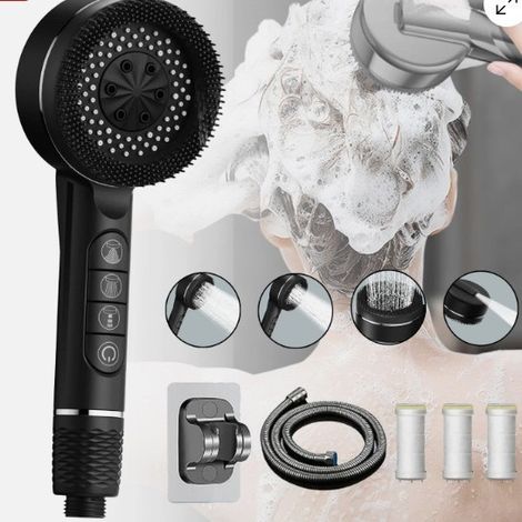 Pommeau deouche Haute Pression, Pommeau Douche Economie Deau 4 Types de Jets Pommeau de Douche Anti Calcaire avec Tuyau Douche 1.5M et Support de Douche, avec Bouton D'arrêt D'eau,Noir (1/5)
