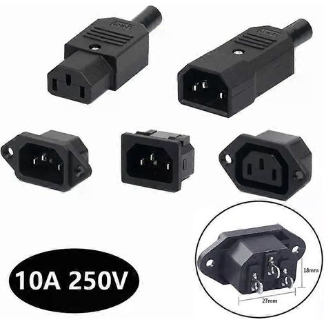 Connecteur d'alimentation IEC320 10A 250V noir mâle/femelle, recâblable, C13/C14, prise secteur 3 broches. (1/4)