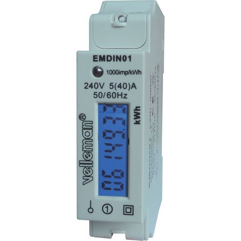Velleman Stromzähler 1 Phase, 1 Phasen Stromzähler, digitaler Stromzähler Hutschiene, Stromzähler Hutschiene 1 phasig, Zähler für Hutschiene, LCD-Anzeige, LED, max. 40 A