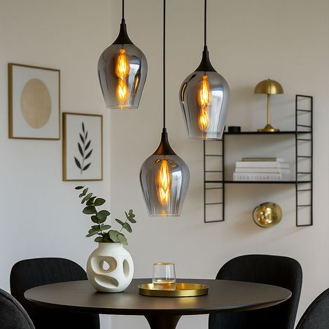 Globo – Lustre à suspendre 3 flammes noir – Métal et verre – Diamètre 45 cm, Hauteur 120 cm – Douilles 3x E27 – Design moderne (1/5)