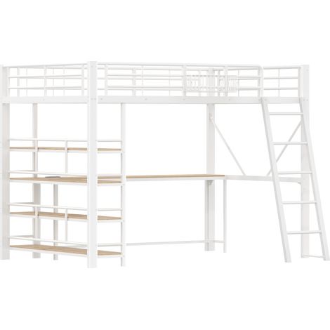Metall-Hochbett 140x200 cm mit Schreibtisch, Regal, Korb, USB und LED Weiß MODENUIT (1/5)