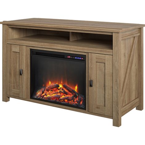 Enfilade Farmington avec cheminée électrique – 2 portes en bois certifié FSC – Meuble TV moderne en aspect chêne – Télécommande incluse