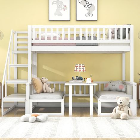 Letto a castello bambini 90/120x200 cm con tavolo regolabile e 2 divani in legno, bianco (1/5)