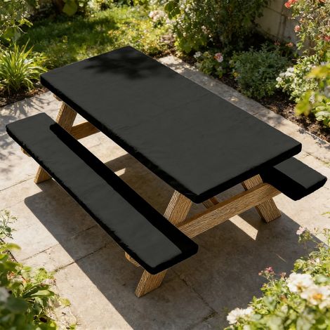 Juego de 3 fundas para mesa y sillas de patio, mantel elástico impermeable y a prueba de polvo, y fundas para taburetes para muebles de picnic (negro) (1/3)