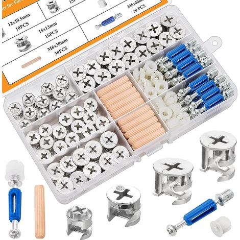 Kit de montage/réparation de meubles comprenant 120 pièces : verrous à came, roulettes excentriques 3 en 1, fixations et connecteurs avec écrous, boulons et chevilles en bois de différentes tailles.