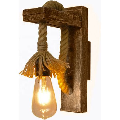Applique lampada da parete in legno e corda di canapa E27 stile classico country