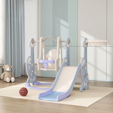 Toboggan et balançoire pour enfants 4 en 1 avec panier de basket et échelle, 147,5 x 160 x 107 cm, bleu clair (1/5)