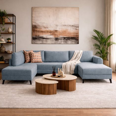 Schlafsofa Blauer Stoff – U-Sofa – XXL 300 x 202 x 152 cm – Belen