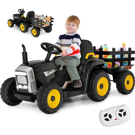 GOPLUS Tracteur Électrique Voiture Enfant avec Remorque,Roue Motrice Arrière et Phare à LED et Musique,Ceinture de Sécurité,Noir (1/5)