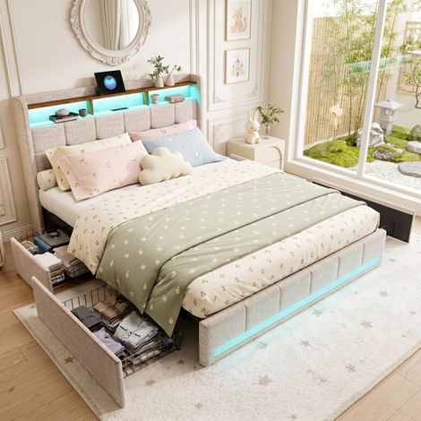 Lit Double 140x190 cm en Lin Beige avec 4 Tiroirs - LED et 2 Ports USB Intégrés - Sommier à Lattes Inclus, Design Moderne