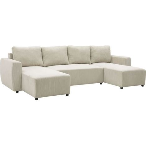 Canapé convertible panoramique 7 places – Velours côtelé beige – Coffre de rangement – Dimensions L297 x P155 x H85 cm (1/5)
