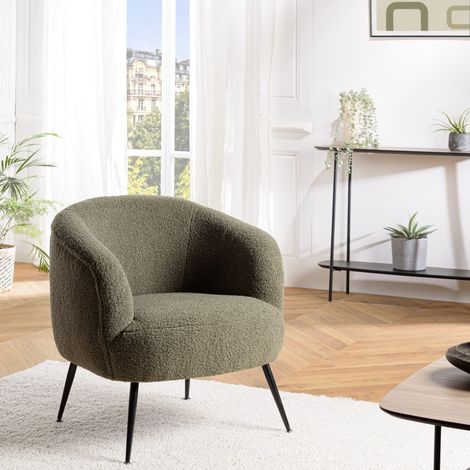 AGATHE - Fauteuil cosy tissu bouclette vert kaki pieds métal noir (1/5)