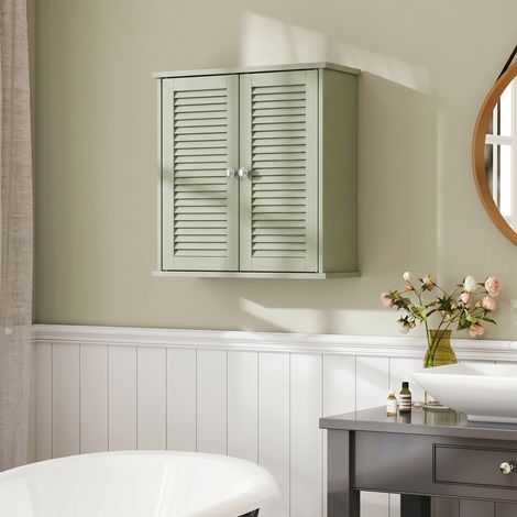 Armoire murale de salle de bain, meuble de rangement suspendu avec 2 portes persiennes et étagère réglable, vert (1/5)