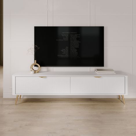 Mobile para TV Kala, 2 estantes, 2 puertas, efecto rayado con patas, 200x38x51h cm blanco (1/5)
