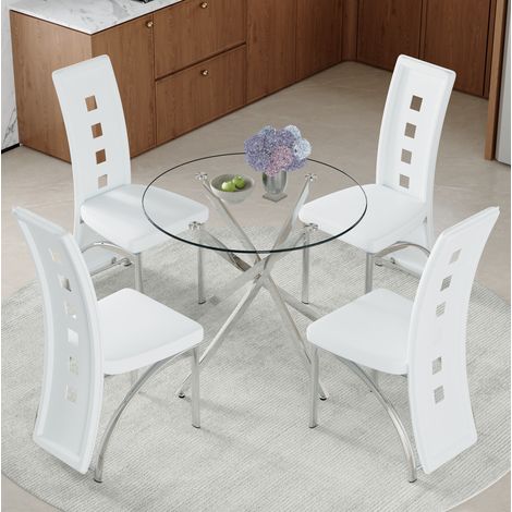 ensemble table chaises rond 88 cm verre trempé blanc HAVRYA (1/5)