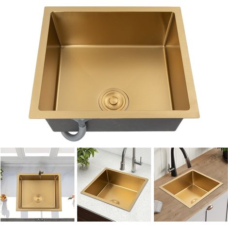 Fregadero de cocina de acero inoxidable, 50 x 45 cm, fregadero bajo encimera con filtro de desagüe, dorado cepillado, montaje flexible, antioxidante y moderno. (1/5)