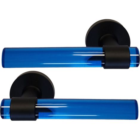 Tiradores de puerta de cristal plexiglás «JOY» AZUL con patas de acero inoxidable negro.  Sin rosetas de función (1/2)