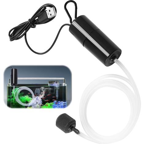 Mini USB Aquarium Air Pump, Portable Ultra Silent Bubble Oxygenator with Airstone Airline Tubing, Small Air Aerator Pump for Fish Tank (1W, Black)