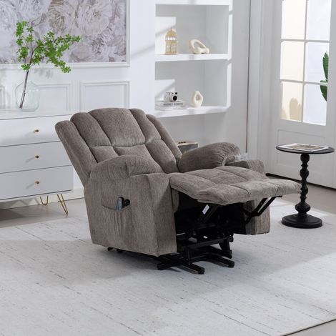 Fauteuil massant électrique chauffant en velours, hauteur réglable, avec repose-pieds et porte-gobelet, marron clair (1/5)