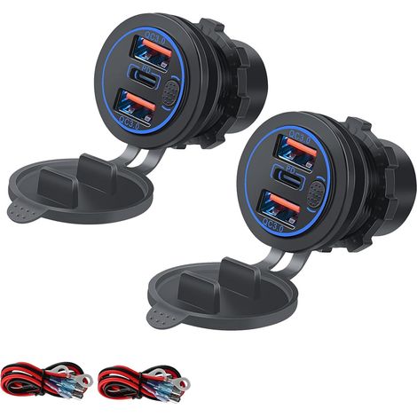 12-24V 66W PD und QC3.0 Wasserdichte USB-Steckdose für Motorrad, Auto, Boot, LKW, Wohnwagen - Mit Schalter und blauer Leuchte (2 Stück)