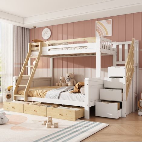 Etagenbett 90/140x200 cm blanco y natural con escalera de almacenaje y 3 cajones (1/5)