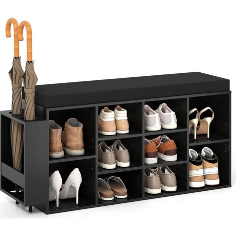 COSTWAY Panca Porta Scarpe con Portaombrelli, Scarpiera da Ingresso a 10 Scomparti con Seduta Imbottita, Ripiani Regolabili e Removibili per Corridoio, Soggiorno e Camera da Letto (Nero) (1/5)