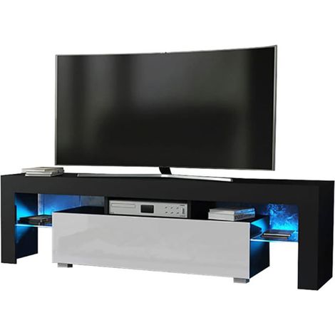 Dusine – Meuble TV Spider LED noir mat – Porte blanche laquée – 160 cm – Éclairage LED intégré – Mélamine 18mm – Style moderne (1/3)