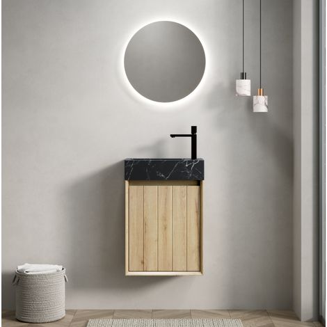 Lavabo con mobile 48x29x66 cm, lavabo integrato in marmo naturale, salvaspazio, anta ammortizzata, compensato, nero e rovere bianco (1/5)