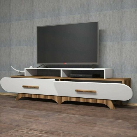 Dmora - Mobile porta TV Phec, Credenza da soggiorno, Armadio basso per TV, Base parete attrezzata, 205x37h50 cm, Noce e Bianco, con imballo rinforzato, con imballo rinforzato (1/5)