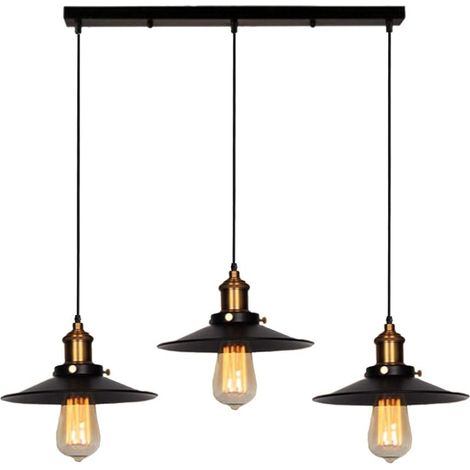 3 Lampes Lustre Industriel Suspension Luminaire Vintage en métal E27 Plafonnier Noir pour Salon, Cuisine, Salle à Manger, Restaurant, 50cm (1/5)