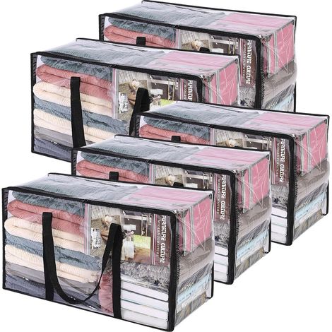 Lot de 5 sacs de rangement transparents pour couette, 60L Sac de rangement pour vêtements avec fermeture éclair, organisateur de placard, conteneurs de rangement en plastique, sacs de (1/5)