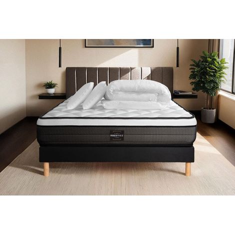 Ensemble matelas sommier Suite 140 x 190 cm - Couleur : Noir avec 2 oreillers et couette (1/5)
