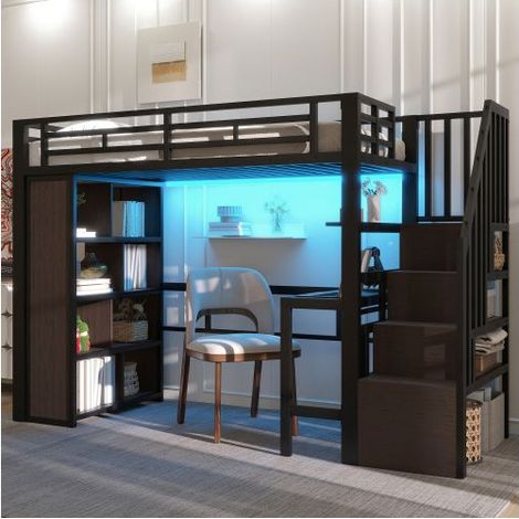 Lit Mezzanine 90x200cm Métal Noir Bureau, Étagères, Escalier Rangement - lit 1 place - Éclairage LED App, Gain de place Chambre (1/5)