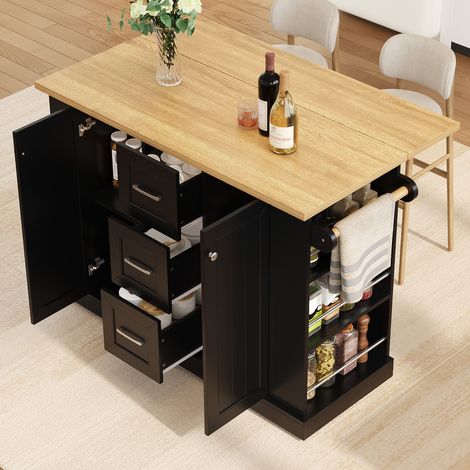 MobileKücheninselmitklappbarerArbeitsplatte,KüchenwagenaufRollenmit3-stufigemRegal,3SchubladenundfeststellbarenRollen,120×45(70)×90cm (1/5)