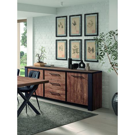 Buffet/bahut industriel 230 cm chêne foncé Samira (1/5)