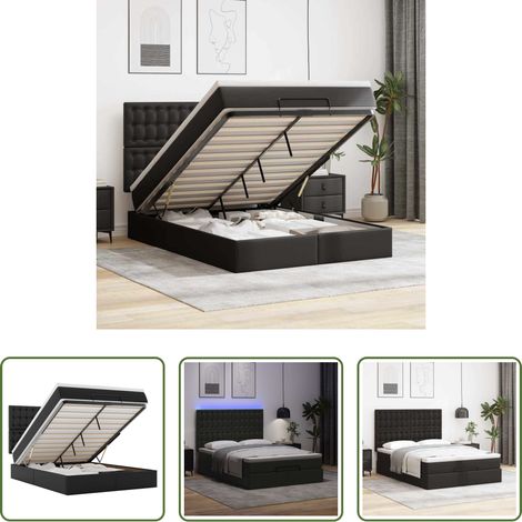 Matratze - Ottoman-Bett mit Matratze & LEDs Schwarz 140x200 cm Kunstleder (1/5)