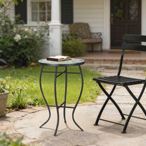 Outsunny runder Gartentisch, Mosaik-Beistelltisch mit Metallbeinen für Terrasse, Balkon, Garten, 35,5 x 35,5 x 53,5 cm, Türkis
