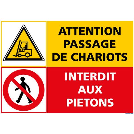 PANNEAU DANGER PASSAGE DE CHARIOTS - INTERDIT AUX PIETONS (C1406) - Adhésif - 420 x 300 mm