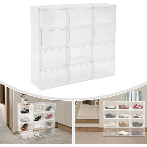 Satz von 12 Schuhkosten 34 x 27 x 22 cm - selbststststützender, stapelbarer Aufbewahrungsraum - für Schuhe, Kleidung, Spielzeug, Bücher usw. (transparent) (1/5)