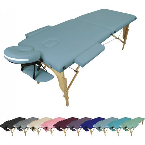 Table de massage pliante 2 zones en bois avec panneau Reiki + Accessoires et housse de transport - Bleu pastel - Vivezen