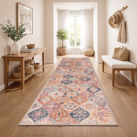Paco Home Vintage Boho moderner Wohnzimmerteppich Kurzflor waschbar rutschfest Bunt 80x300 cm (1/5)