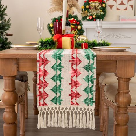 Drape De Table Noël - Coton - 33 x 280 cm - Rouge Vert - Finitions À Franges Nœudées - Pour Décoration De Table Festive