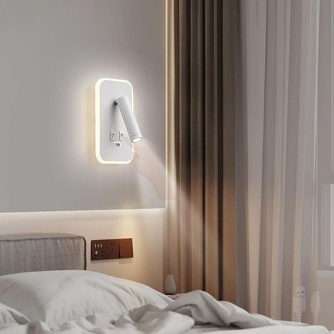 Lumière Blanche)LED Moderne Lampe Murale avec Double Interrupteur USB Port Applique Murale Intérieur Aluminium 330° Rotation Éclairages Murales Chevet Lecture Spot pour Chambre à Coucher (1/5)