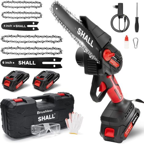 Mini tronçonneuse portable,Moteur sans balais 21 V,2 batteries à charge rapide,4 chaînes, coupant des branches, de jardinage pour mari, père, amateurs de bricolage en bois (1/5)