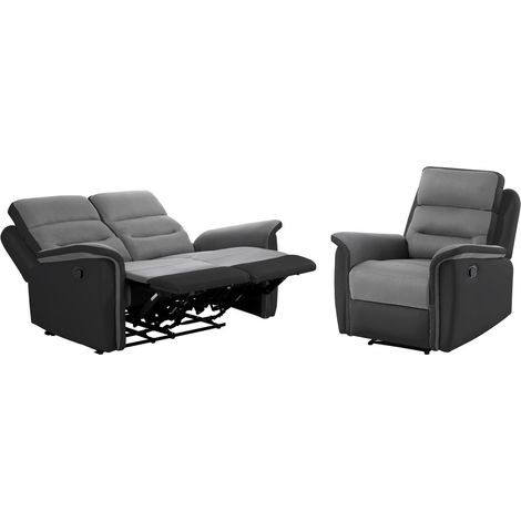 Loungitude – Ensemble canapé relax LÉON 2 places – Fauteuil manuel en microfibre – Confort supérieur – Design élégant – Gris/Noir