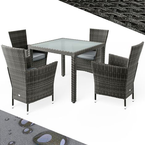 CASARIA® Salon de jardin 4 places table de jardin chaises empilables avec coussins plateau de table en verre trempé  Gris