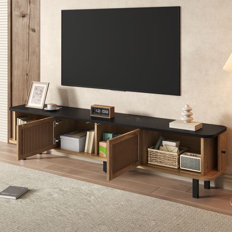 Mobile TV con 2 Ante Scorrevoli e 2 Ante a Griglia, Ampio Spazio Contenitivo, per Soggiorno, MDF, Rovere, 190 x 35 x 45 cm (1/5)