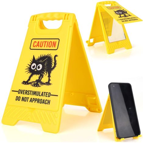 Attention Surstimulation Ne pas approcher Panneau de Bureau, Décoration Bureau Drôle avec Miroir Caché et Support Téléphone pour Collègues Coéquipiers ou Amis (Chat Noir) (1/5)
